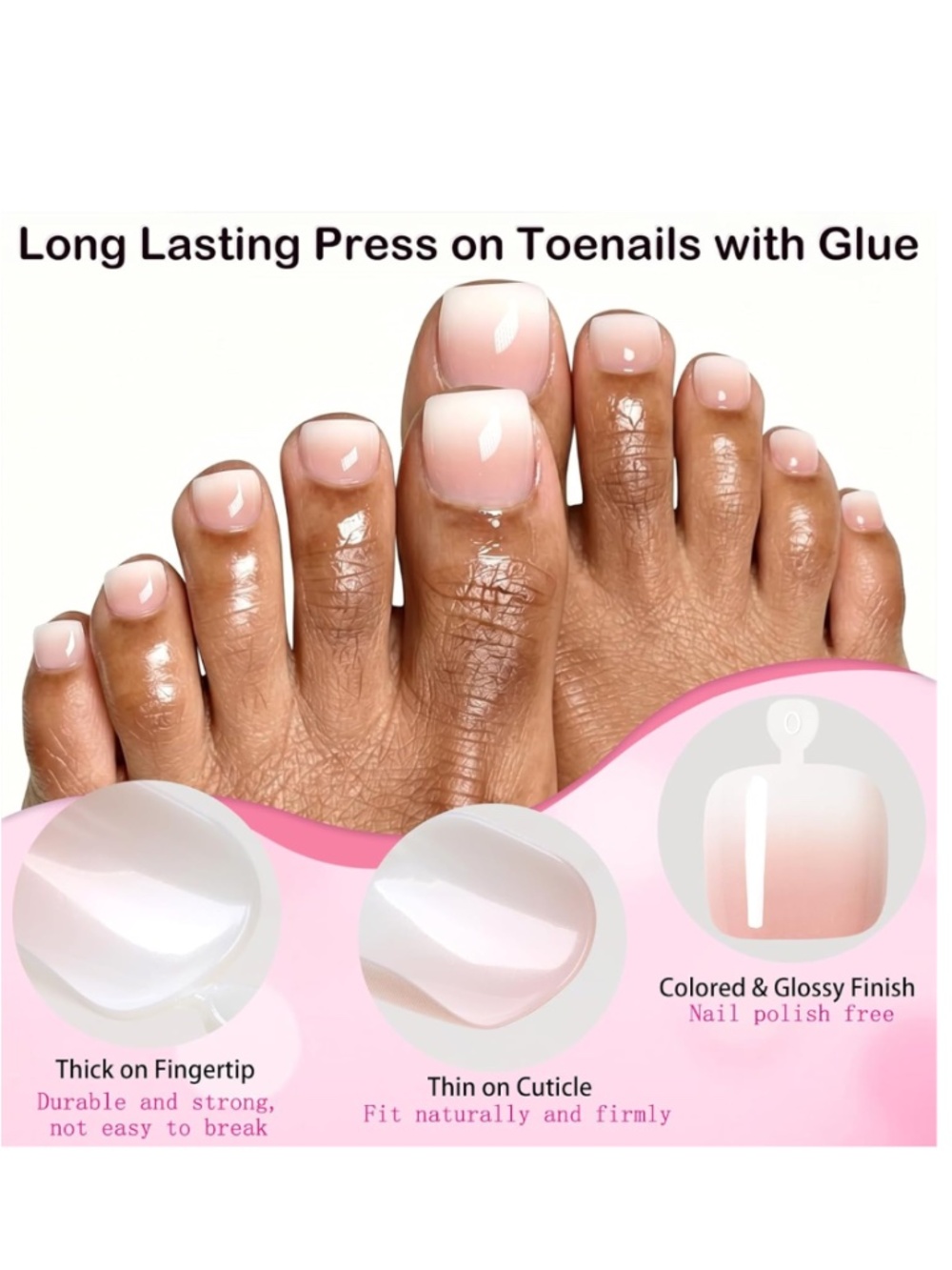 Ombré Nude Pink to White Press on Toenails 120 Nails - Picture 3 of 9